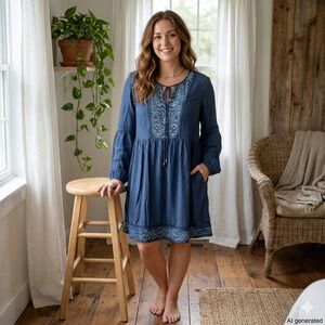 Womens Boho Embroidered Dress Size L Blue Bell Sleeve Cottage Peasant Hippie